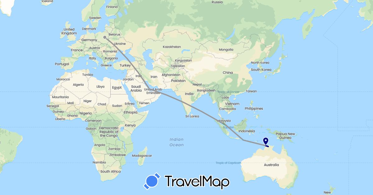 TravelMap itinerary: driving, bus, plane, boat in Australia, Indonesia, Malaysia, Poland, Qatar, Singapore (Asia, Europe, Oceania)